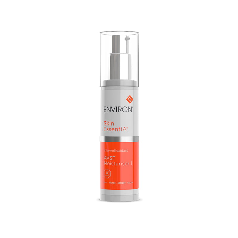 Biala-butelka-z-pompka-Environ-Skin-EssentiA-AVST-Moisturiser-1,-z-przezroczysta-nakretka,--z-bialo-pomaranczowa-etykieta,-oznaczeniem-numeru-1-i-logo-Environ-na-gorze.