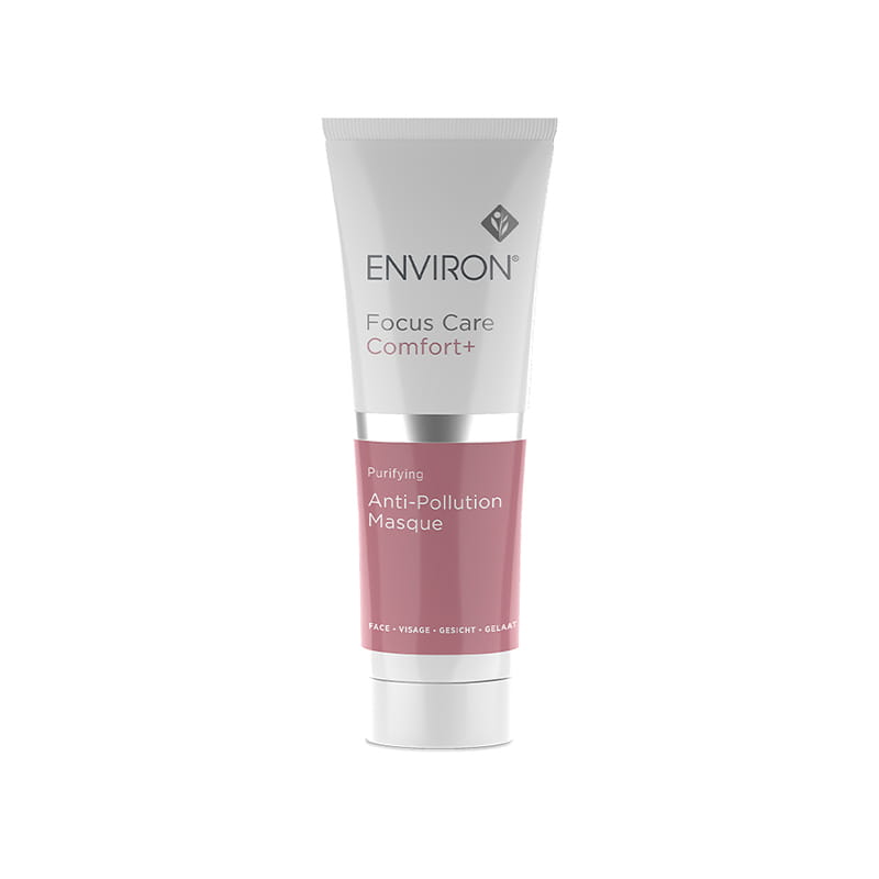 Tubka-z-biala-zakretka-maski-Environ-Focus-Care-Comfort--Anti-Pollution-Masque-75-ml-w-odcieniach-bieli-i-rozu,-z-logo-Environ-na-gorze.